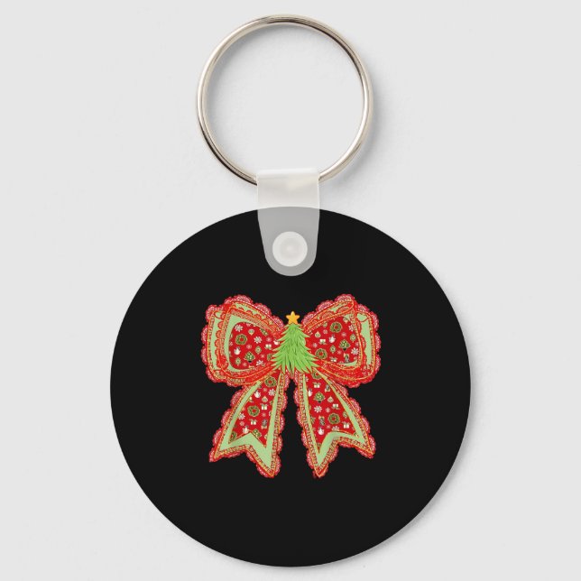 Preppy Xmas Coquette Bow Lace Merry Bright Christm Key Ring (Front)