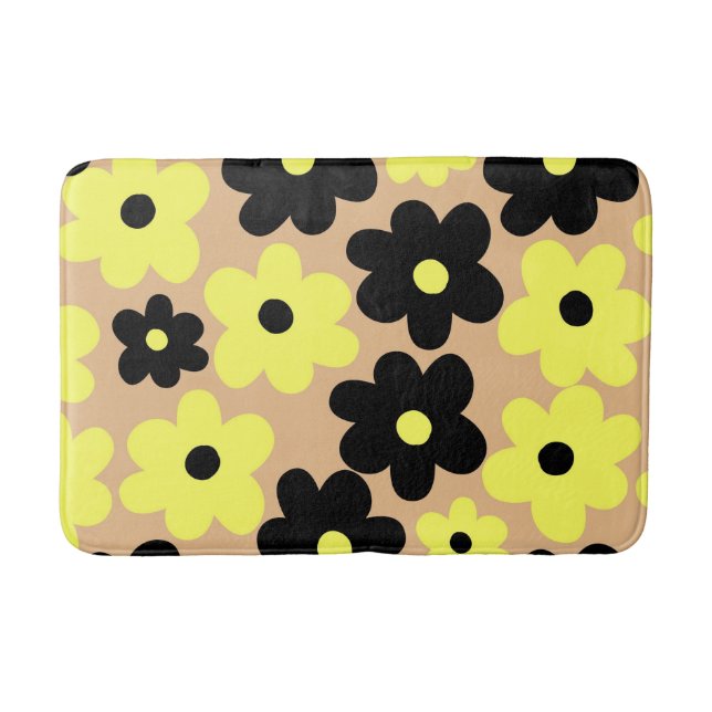 Preppy Yellow Black Floral Simple Flower Pattern Bath Mat (Front)