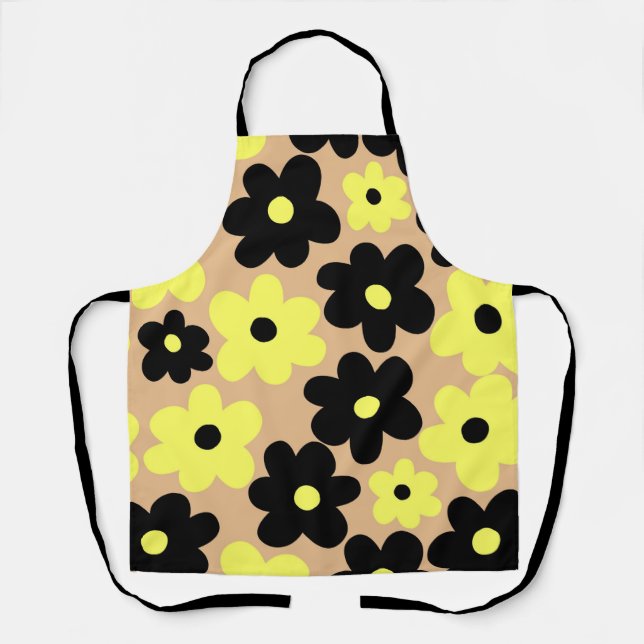 Preppy Yellow Black Hippie Flower Pattern Apron (Front)