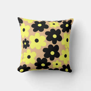 Preppy Yellow Black Hippie Flower Pattern Cushion