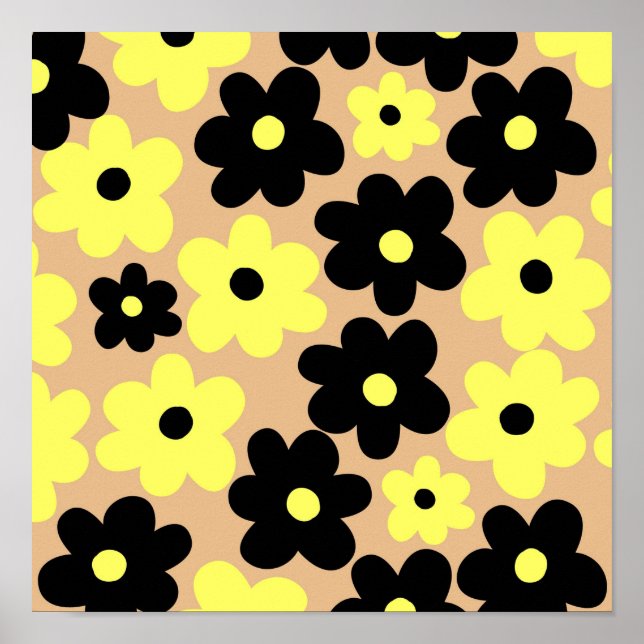 Preppy Yellow Black Hippie Flower Pattern Poster (Front)