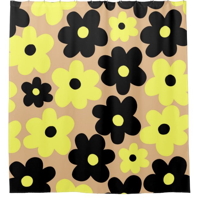 Preppy Yellow Black Hippie Flower Pattern Shower Curtain (Front)