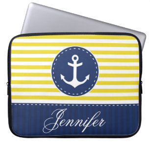Preppy Yellow Navy Nautical Anchor Custom Name Laptop Sleeve