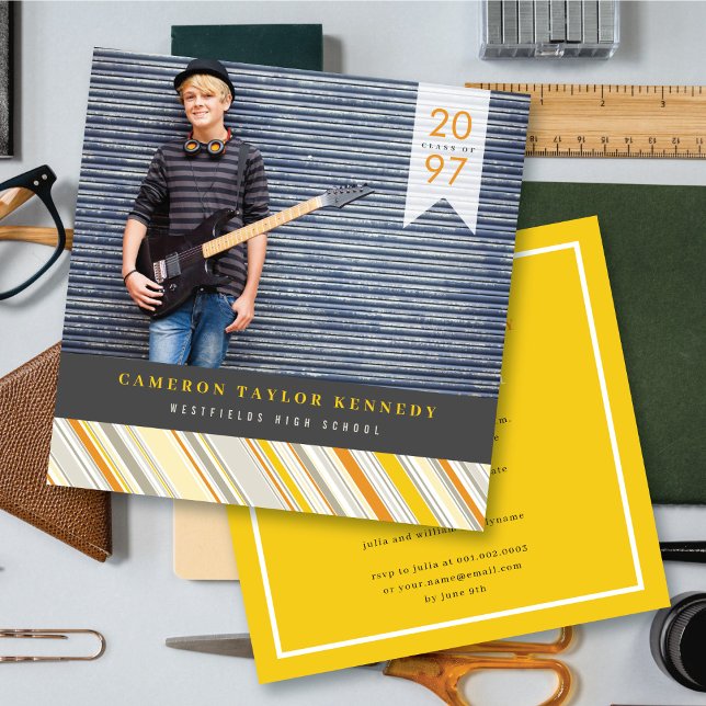 Preppy Yellow Pin Stripes Photo Graduation Party Invitation (Creator Uploaded)