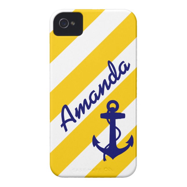 PREPPY YELLOW STRIPES BLUE ANCHOR YOUR NAME Case-Mate iPhone CASE (Back)