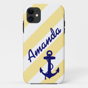 PREPPY YELLOW STRIPES BLUE ANCHOR YOUR NAME Case-Mate iPhone CASE