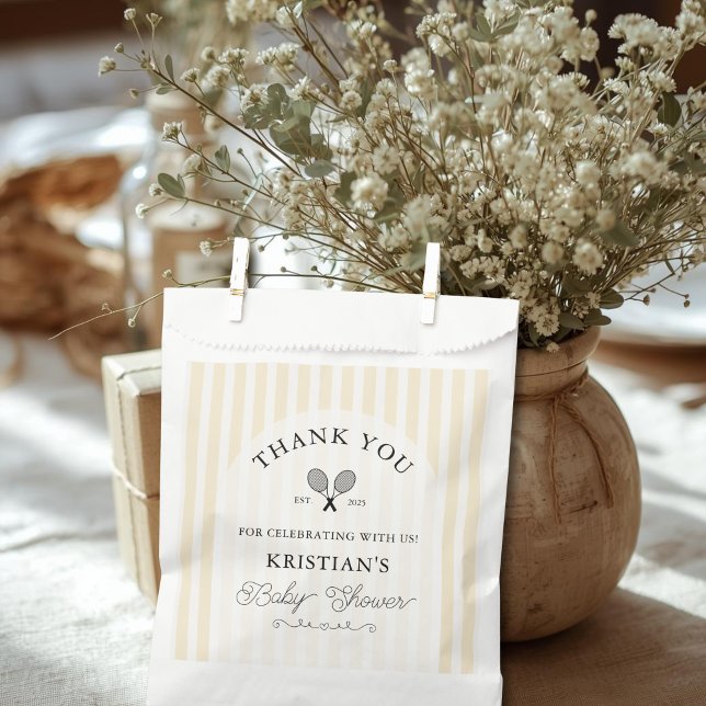 Preppy Yellow Tennis Chic Baby Shower Thank You Favour Bags (elegant yellow and white striped tennis theme baby shower favor bags for thank you gifts goodie bags)