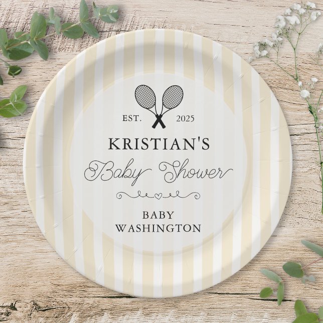 Preppy Yellow Tennis Country Club Baby Shower Paper Plate (elegant pastel yellow tennis theme baby shower paper plates for chic country club birthday party)
