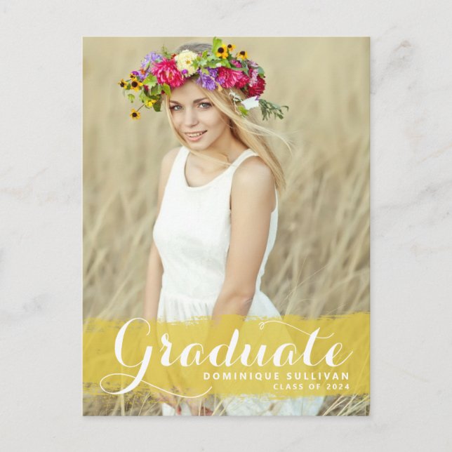 Preppy Yellow Watercolor Overlay Photo Graduation Announcement Postcard (Front)