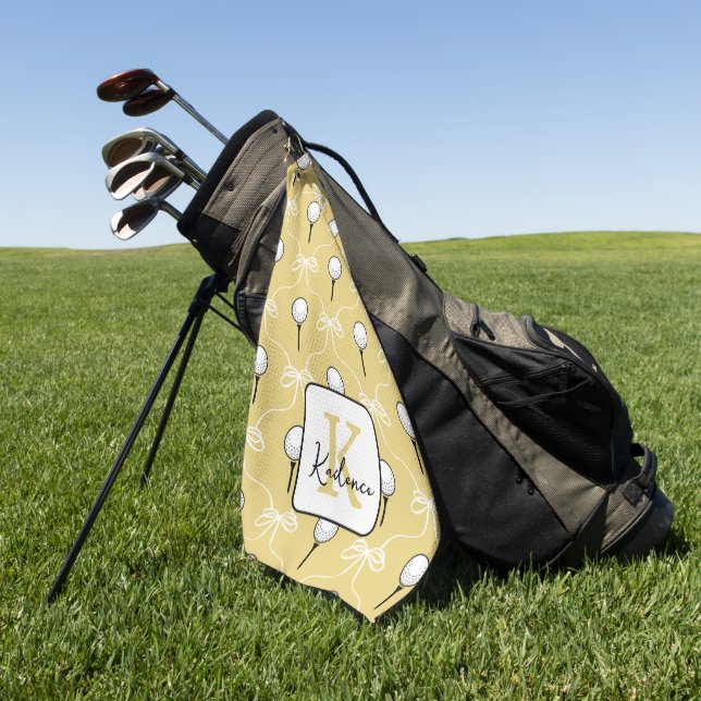 Preppy Yellow White Bow Pattern Monogram  Golf Towel (Green)