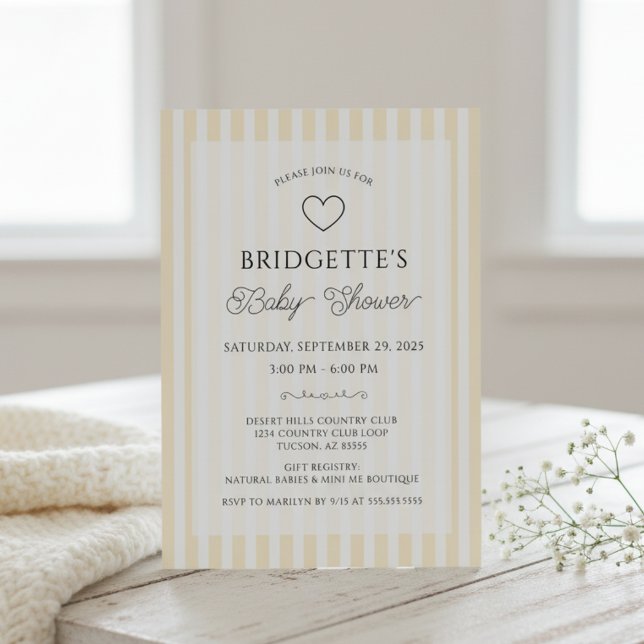 Preppy Yellow White Stripes Baby Shower Invitation (elegant chic butter yellow and white stripes preppy baby shower invitations)