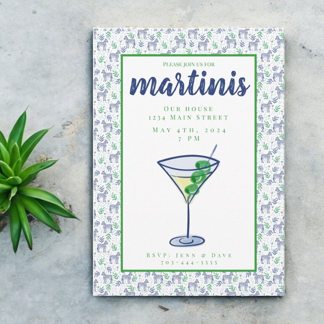 Preppy Zebra Martini White Martini Party  Invitation (Creator Uploaded)