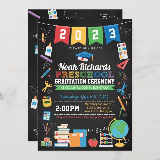 Preschool Graduation Bunting & Chalkboard Invitation (Front/Back)