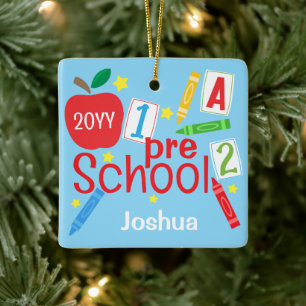 Preschool Keepsake Blue Red Boy's Photo Ceramic Ornament