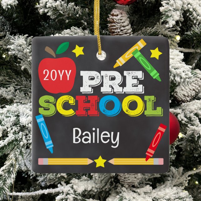 Preschool Keepsake Chalkboard Colourful Kids Ceramic Ornament (Creator Uploaded)