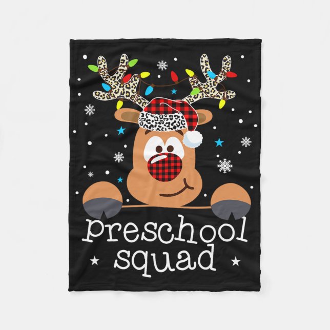 Preschool squad plaid reindeer santa hat teacher c fleece blanket (Front)