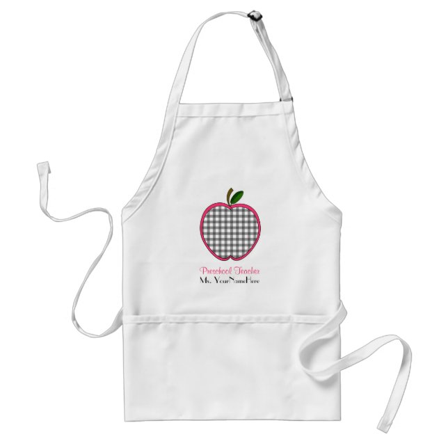 Preschool Teacher Apron - Charcoal Gingham Apple (Front)