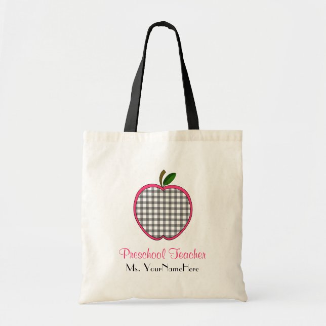 Preschool Teacher Bag - Grey Gingham Apple (Front)
