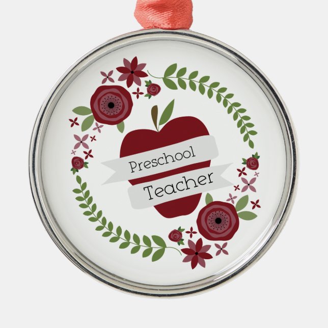 Preschool Teacher  Floral Wreath Red Apple Metal Tree Decoration (Front)