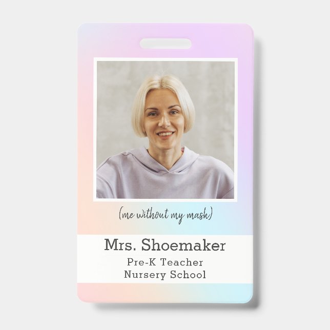 Preschool Teacher Photo ID Badge rainbow unicorn (Front)