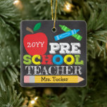 Preschool Teacher Pre-K Keepsake Bright Ceramic Ornament<br><div class="desc">Preschool teacher ornament design features an apple, crayons, a pencil and bold, colourful fun typography! Click the customise button for more options for modifying the text! Variations of this design, additional colours, as well as coordinating products are available in our shop, zazzle.com/store/doodlelulu. Contact us if you need this design applied...</div>