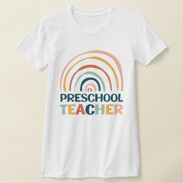 Preschool teacher retro colours boho rainbow T-Shirt (Laydown)