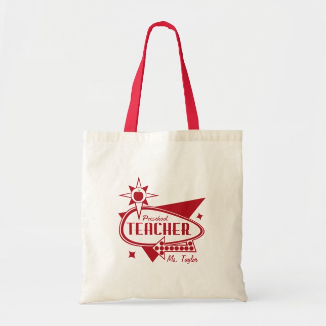 Preschool Teacher Retro Red 60's Inspired Sign Tote Bag (Front)