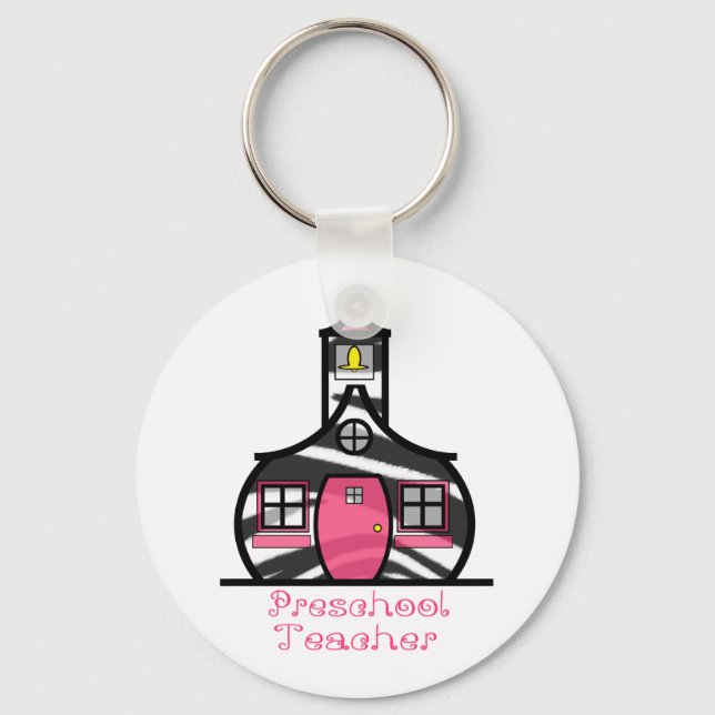 Preschool Teacher Zebra Print Schoolhouse Key Ring (Front)