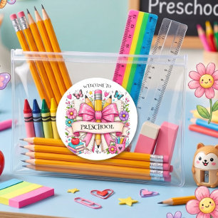 Preschool Welcome Retro Pencil Classic Round Sticker