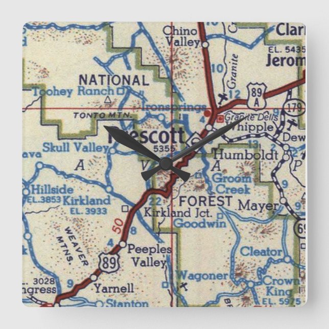 Prescott Arizona Vintage Map Square Wall Clock (Front)