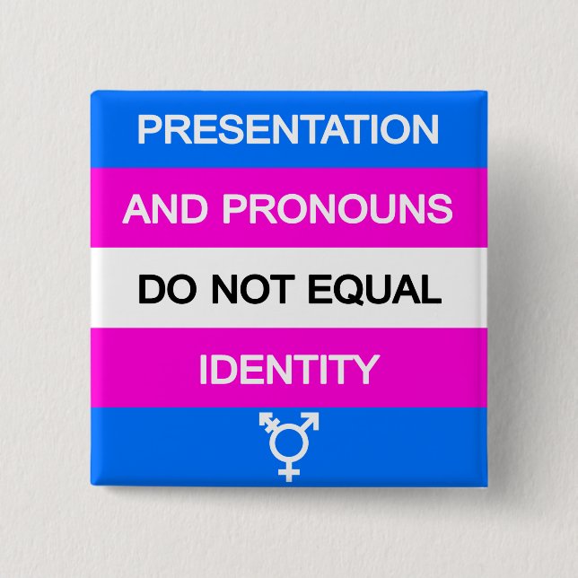 Presentation and Pronouns =/= Identity 15 Cm Square Badge (Front)