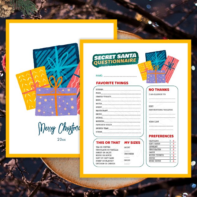 Presents Christmas Game Secret Santa Questionnaire (Front and Back)
