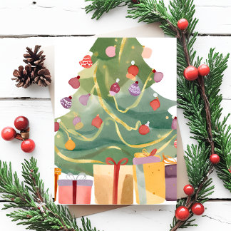 Presents Under the Christmas Tree | Watercolor Holiday Postcard