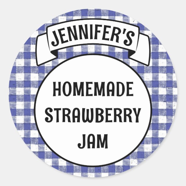  Preserves Jam Jelly Jar Blue Plaid Gingham Label (Front)