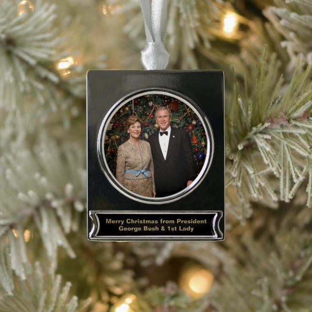 President George Bush, Laura Christmas White House Silver Plated Banner Ornament (Tree)