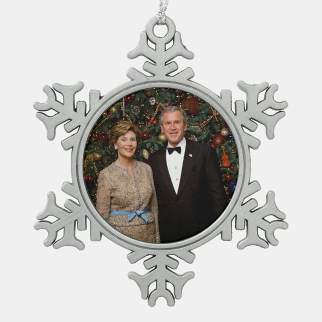 President George Bush, Laura Christmas White House Snowflake Pewter Christmas Ornament (Front)
