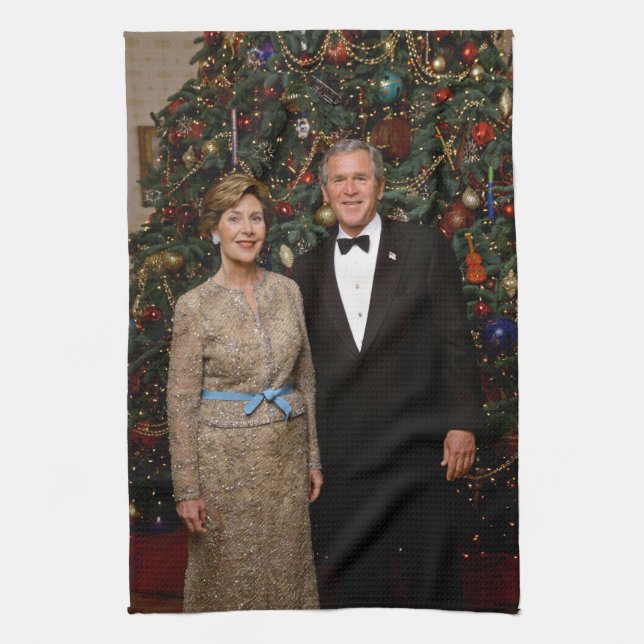President George Bush, Laura Christmas White House Tea Towel (Vertical)