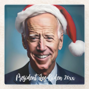 President Joe Biden and Santa Hat Glass Coaster