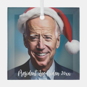 President Joe Biden and Santa Hat   Glass Tree Decoration