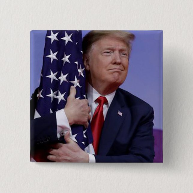 President Trump Hugging the American Flag 15 Cm Square Badge (Front)