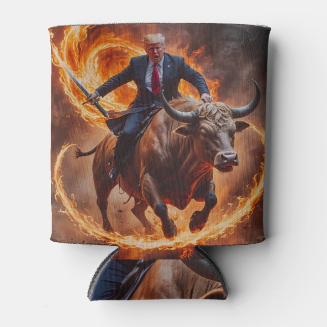President Trump on Bull with Fire can cooler (Front)