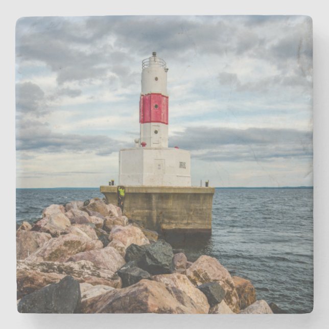 Presque Isle Harbour Breakwater Lighthouse Stone Coaster (Front)