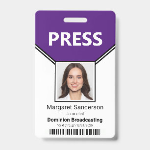 Press Pass Photo and Bar Code Purple ID Badge