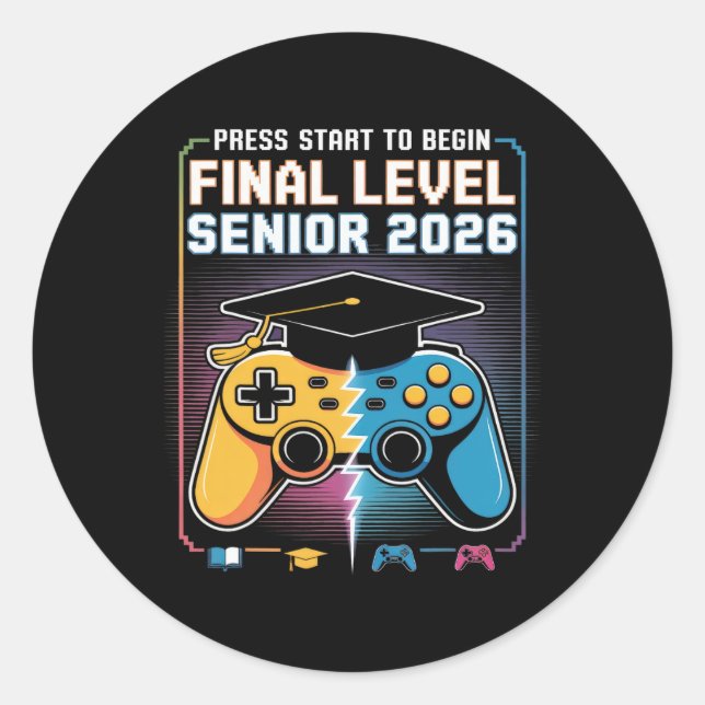 Press Start To Begin Final Level Senior 2026 Gamer Classic Round Sticker (Front)