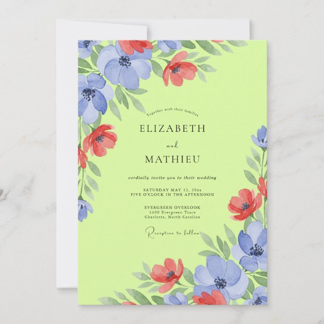 Pressed Chartreuse Periwinkle Poppy Wedding Invitation (Front)