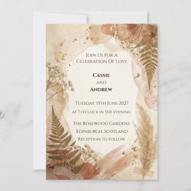 Pressed Fern Terracotta Botanical Gold Wedding Invitation (Front)