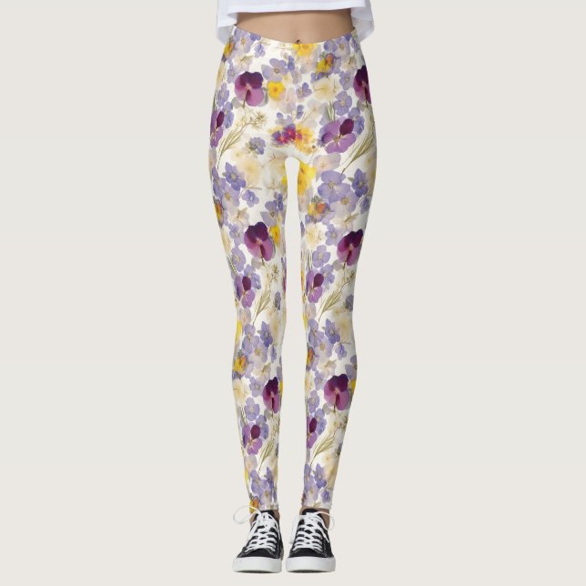 Pressed Flower Collage Pattern – Vintage Botanical Leggings (Front)