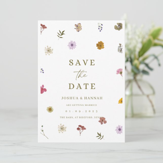 Pressed flower save the date invitation  (Standing Front)