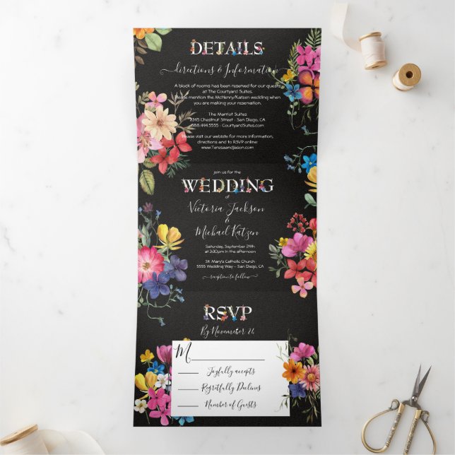 Pressed Flowers Dark Moody Wedding Tri-Fold Invitation (Inside)
