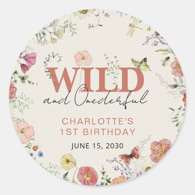 Pressed Flowers Wild & Onederful Girl 1st Birthday Classic Round Sticker (Front)